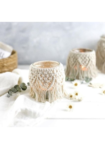 Iki Parçalı Makrome Kavanoz Mumluk, Şık ve Doğal Dekorasyon Unsuru