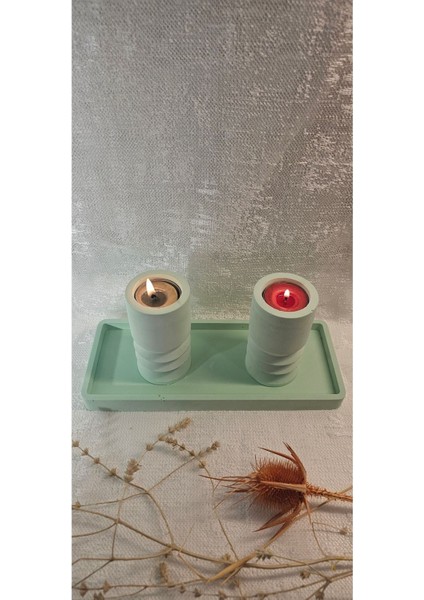 Yeşil Beton 3'lü Tealight Mumluk ve Sunum Tepsisi Seti modelleri