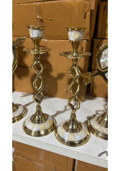 2'li Sedefli Pirinç Şamdan Takımı, 21CM, Şık ve Zarif Dekoratif Aksesuarlar