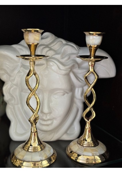 2'li Sedefli Pirinç Şamdan Takımı, 21CM, Şık ve Zarif Dekoratif Aksesuarlar fiyatları