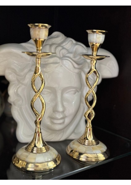 2'li Sedefli Pirinç Şamdan Takımı, 21CM, Şık ve Zarif Dekoratif Aksesuarlar modelleri