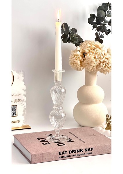 Şeffaf Çizgili El Yapımı Cam Mumluk, Ev ve Dekorasyon Için Zarif Aksesuar