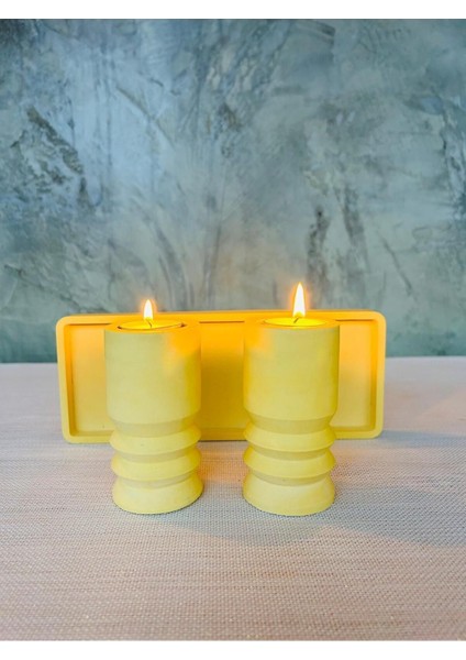 Şık Beton Mumluk ve Sunum Tepsisi Seti, 3 Parça, Sarı