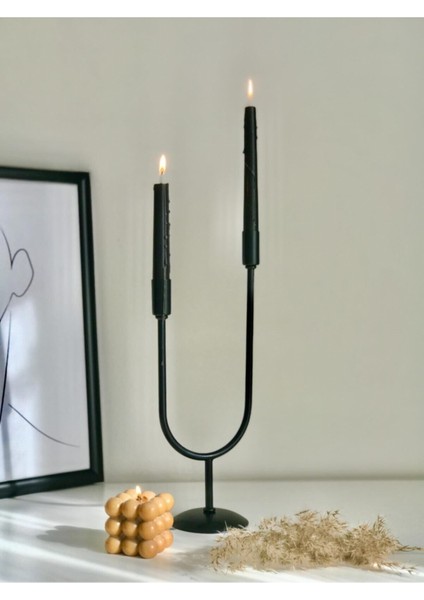 Şık 2 Kollu Siyah Metal Mumluk ve Şamdan Dekorasyonu