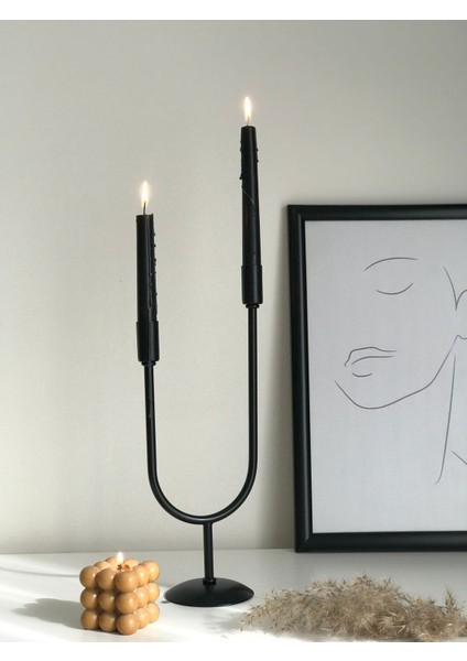 Şık 2 Kollu Siyah Metal Mumluk ve Şamdan Dekorasyonu modelleri