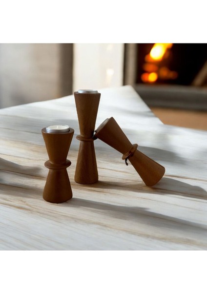 Doğal Gürgen Ağacı Dekoratif Ahşap Kum Saati ve Mumluk Seti