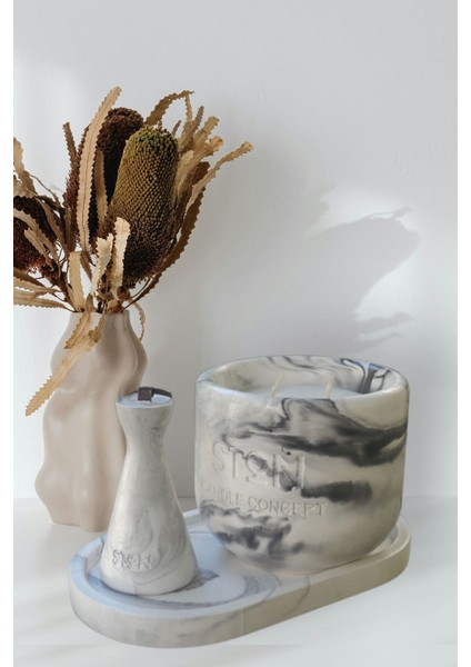 Siyah Beyaz Beton Mum Hediye Seti, Şık ve Modern Dekorasyon Aksesuarları