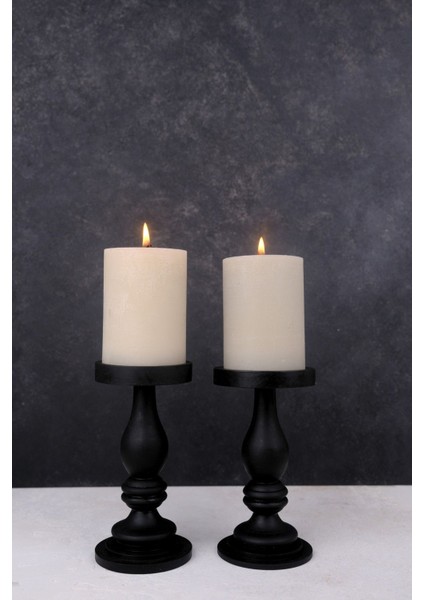 Şık Siyah Ahşap Şamdan Seti, Dekoratif 16 Cm, Zarif ve Modern Tasarım