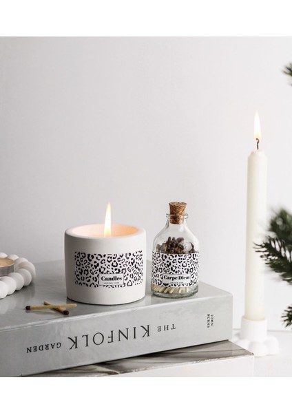 Leopar Desenli Beton Mum ve Kibrit Seti, Şık ve Doğal Dekoratif Seçim