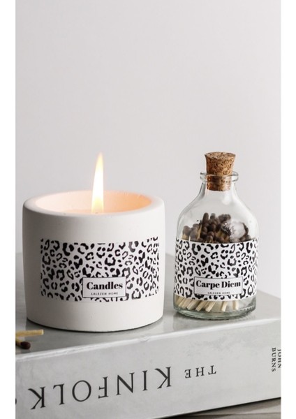 Leopar Desenli Beton Mum ve Kibrit Seti, Şık ve Doğal Dekoratif Seçim fiyatları