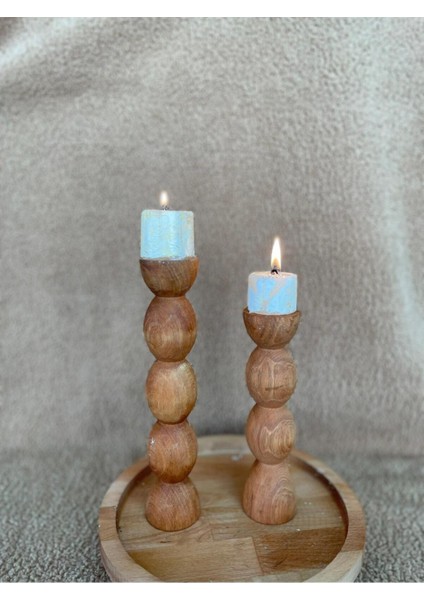 Iki Adet Doğal Ahşap Şamdan, Şık Dekoratif Mumluk Seti