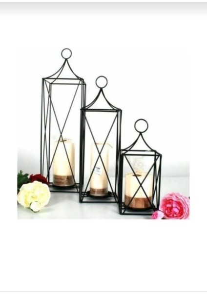 Dekoratif 3'lü Ferforje Kafes Fener Mumluk Seti, Siyah, Şık ve Zarif Tasarım