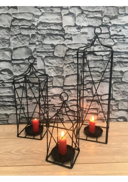 Dekoratif 3'lü Ferforje Kafes Fener Mumluk Seti, Siyah, Şık ve Zarif Tasarım fiyatları