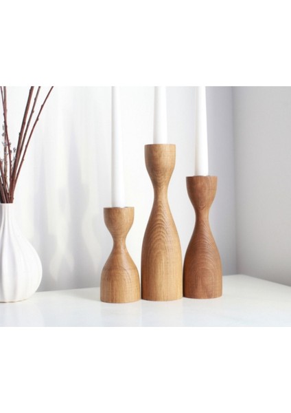 El Yapımı Doğal Ahşap Şamdan Seti, Rustik Dekor, 3'lü, Modern Tasarım