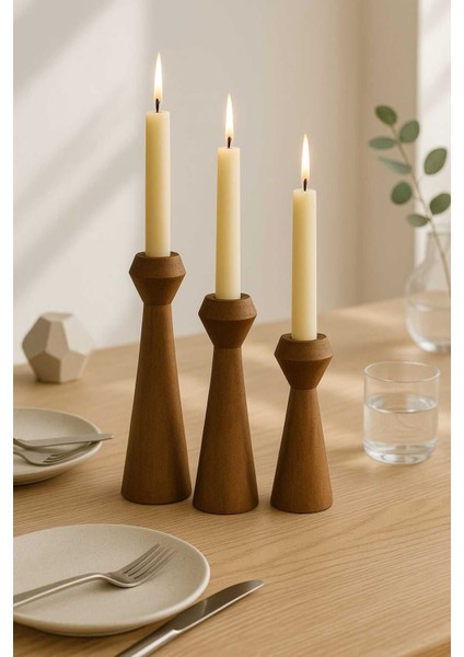 El Yapımı Doğal Ahşap Kahve Şamdan Seti, Rustik ve Modern Dekoratif 3'lü Mumluk