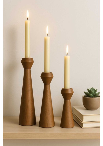 El Yapımı Doğal Ahşap Kahve Şamdan Seti, Rustik ve Modern Dekoratif 3'lü Mumluk indirimleri