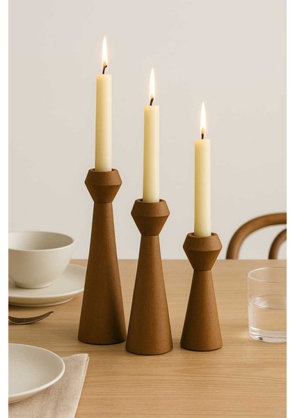 El Yapımı Doğal Ahşap Kahve Şamdan Seti, Rustik ve Modern Dekoratif 3'lü Mumluk