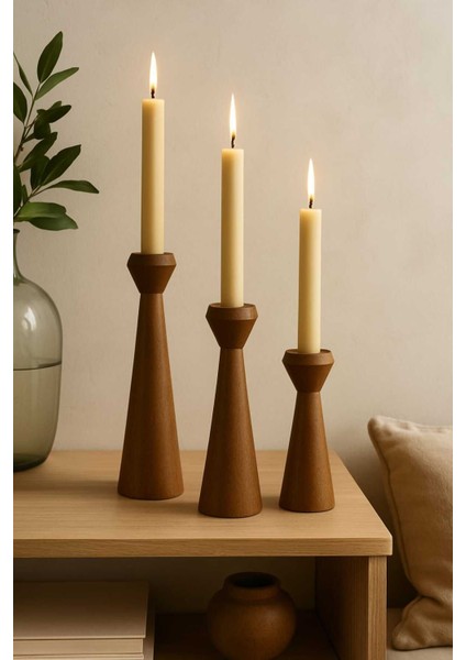 El Yapımı Doğal Ahşap Kahve Şamdan Seti, Rustik ve Modern Dekoratif 3'lü Mumluk
