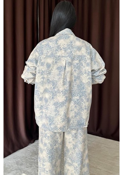 AYDOGANTICARET44 Mavi Leopar Desenli Ceket ve Pantolon Keten Takım
