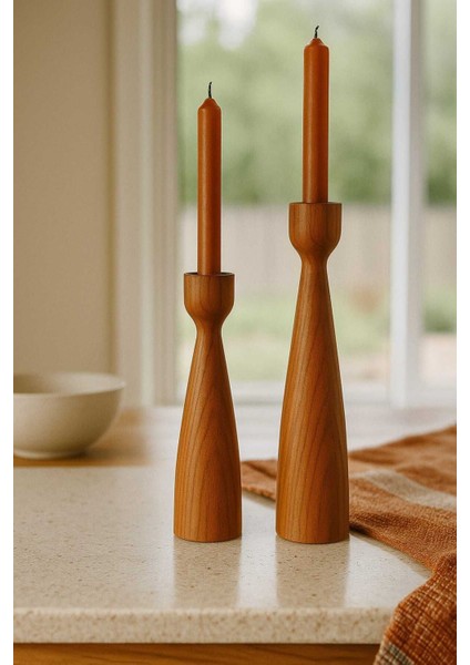 El Yapımı Çok Renkli Ahşap Şamdan Seti 2'li, Rustik Dekorasyon Için 20 ve 17.5 cm