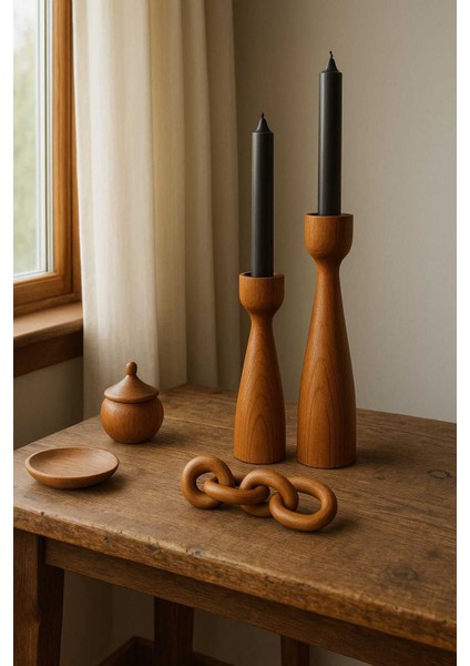 El Yapımı Çok Renkli Ahşap Şamdan Seti 2'li, Rustik Dekorasyon Için 20 ve 17.5 cm modelleri