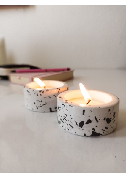 Iki Renkli Terrazzo Dekoratif Tealight Mumluk Seti, Beyaz ve Siyah