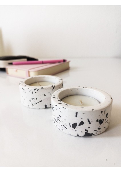 Iki Renkli Terrazzo Dekoratif Tealight Mumluk Seti, Beyaz ve Siyah modelleri