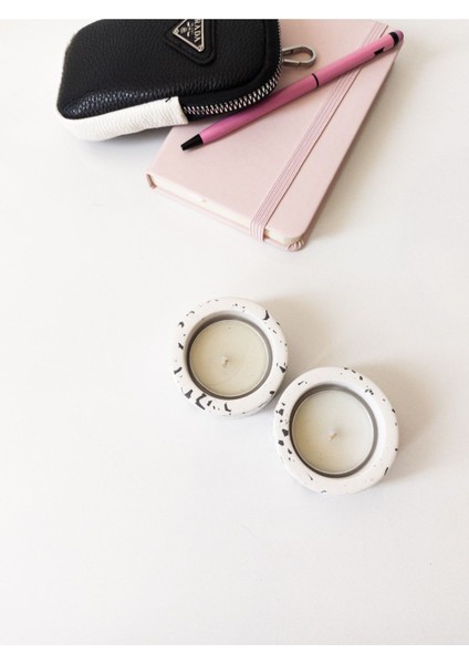 Iki Renkli Terrazzo Dekoratif Tealight Mumluk Seti, Beyaz ve Siyah