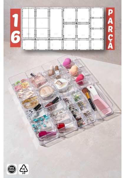 Beyaz Kapaklı 16 Parça Çekmece Iç Organizer Seti, Çok Amaçlı Düzenleme