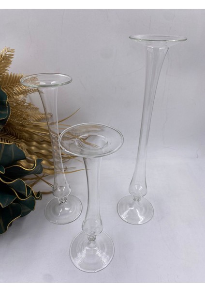 3'lü Şeffaf Cam Mumluk Seti, 20CM-25CM-30CM, Dekoratif ve Şık Tasarım fırsatları