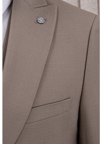 Erkek Likralı Slim Fit Sivri Yaka Yelekli Takım Elbise