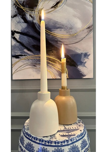 Krem ve Mocha Renkli Seramik Dekoratif 2'li Şamdan Mumluk Seti