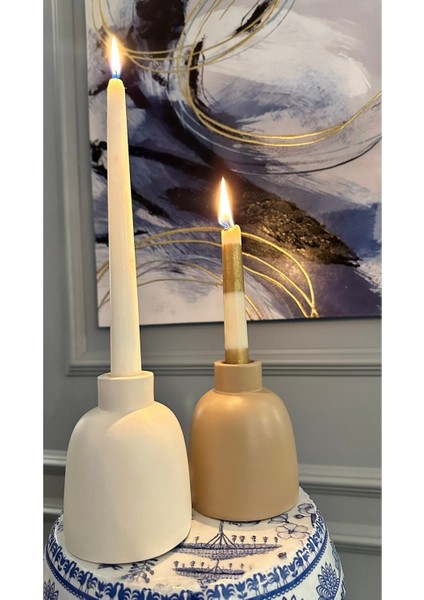 Krem ve Mocha Renkli Seramik Dekoratif 2'li Şamdan Mumluk Seti fiyatları