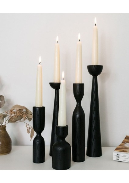 5'li Siyah Ahşap Şamdan Takımı, Dekoratif Mumluk Seti, 11-25CM, Şık ve Zarif Tasarım