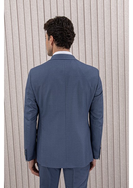 Erkek Likralı Slim Fit Sivri Yaka Yelekli Takım Elbise