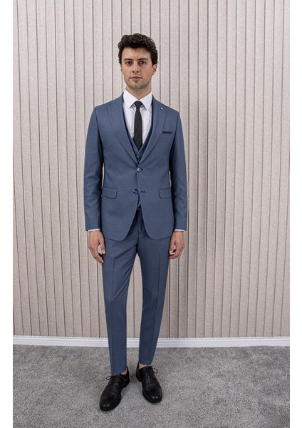 Erkek Likralı Slim Fit Sivri Yaka Yelekli Takım Elbise