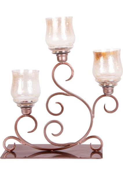 Kahverengi Metal ve Cam Üçlü Mumluk, 50X16X56 Cm, Şık ve Kullanışlı Tasarım