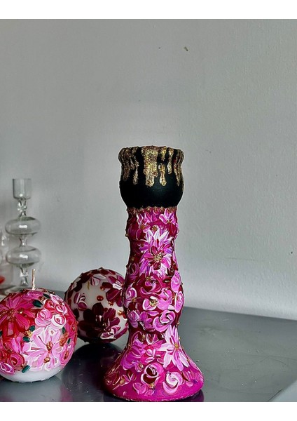 El Yapımı Seramik Şamdan, Bordo-Siyah Altın Detaylı Şık Mumluk