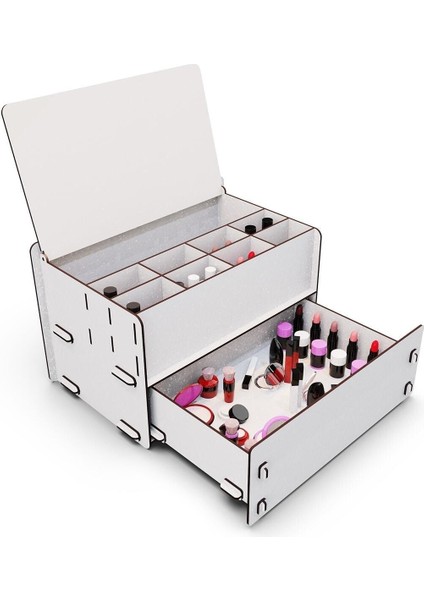 Pembe Ahşap Çekmeceli 10 Gözlü Takı ve Makyaj Düzenleyici