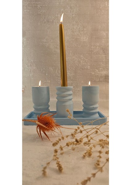 Bebek Mavisi Beton 4'lü Tealight Mumluk ve Dekoratif Sunum Tabağı Seti