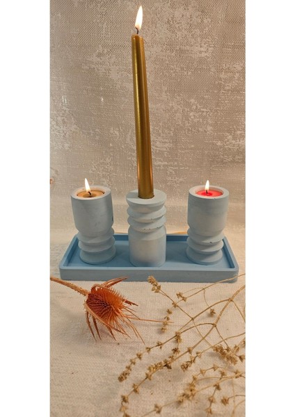 Bebek Mavisi Beton 4'lü Tealight Mumluk ve Dekoratif Sunum Tabağı Seti fiyatları