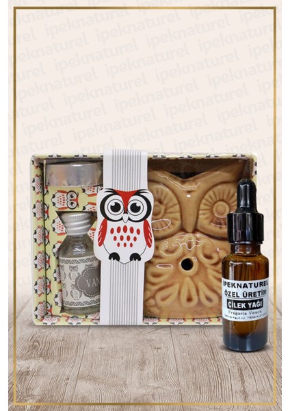 Baykuş Temalı Seramik Buhurdanlık ve Çilek Yağı Seti, Doğal Kokular