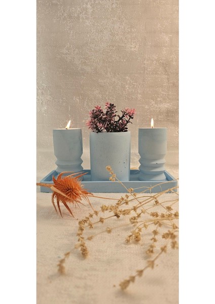 Mavi Beton 4'lü Tealight Mumluk, Vazo ve Dekoratif Sunum Tabağı Seti