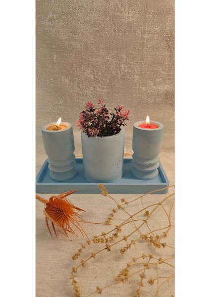 Mavi Beton 4'lü Tealight Mumluk, Vazo ve Dekoratif Sunum Tabağı Seti fiyatları