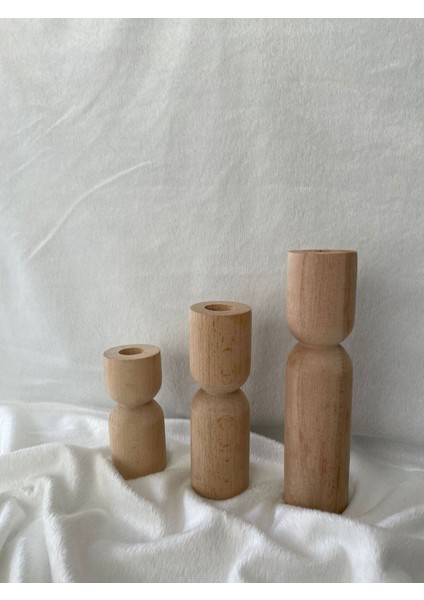 Ekru Ahşap 3'lü Mumluk Seti, Şık ve Doğal Dekoratif Aksesuar.