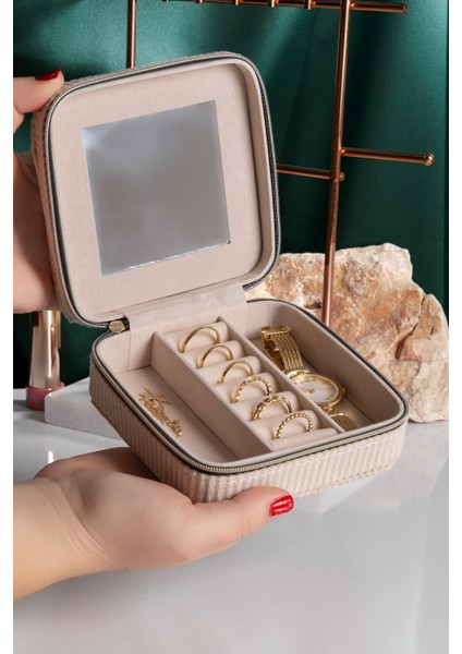 Kare Aynalı Ekru Kadife Takı ve Mücevher Organizer 12X12X5 cm