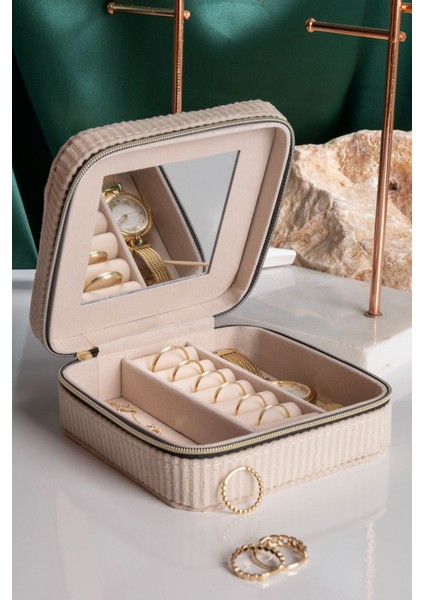Kare Aynalı Ekru Kadife Takı ve Mücevher Organizer 12X12X5 cm