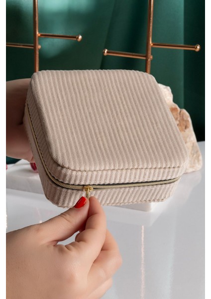 Kare Aynalı Ekru Kadife Takı ve Mücevher Organizer 12X12X5 cm