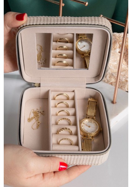Kare Aynalı Ekru Kadife Takı ve Mücevher Organizer 12X12X5 cm