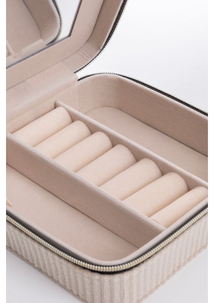 Kare Aynalı Ekru Kadife Takı ve Mücevher Organizer 12X12X5 cm